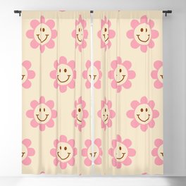 70s Retro Smiley Floral Face Pattern in Pink and beige Blackout Curtain