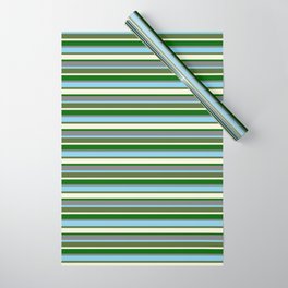 [ Thumbnail: Vibrant Grey, Sky Blue, Dark Olive Green, Beige, and Dark Green Colored Lined/Striped Pattern Wrapping Paper ]