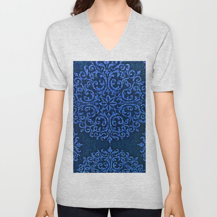 Vintage Blue Paisley Damask Pattern V Neck T Shirt