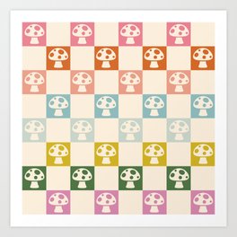 Vintage Mushroom Gradient Checkered  Art Print | Vintage, Boho, Spring, Pattern, Mushroom, Squares, Checks, Checkerboard, Checkered, Retro 