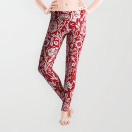 William Morris Floral Pattern | “Pink and Rose” in Red and White | Vintage Flower Patterns | Leggings