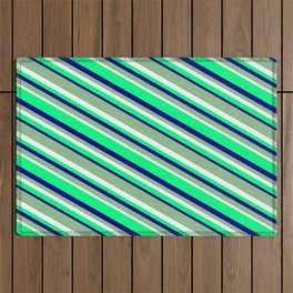 [ Thumbnail: Dark Sea Green, Mint Cream, Green, and Blue Colored Striped Pattern Outdoor Rug ]
