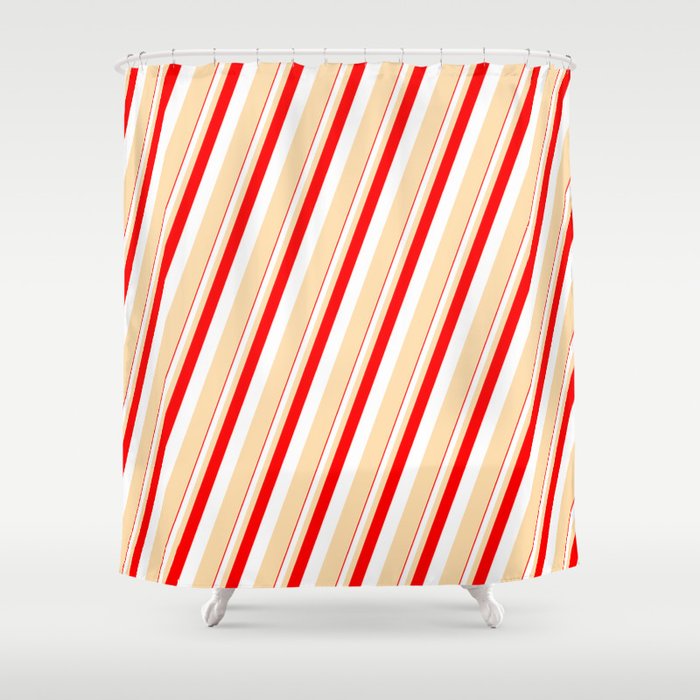 Red, White, and Tan Colored Lines/Stripes Pattern Shower Curtain