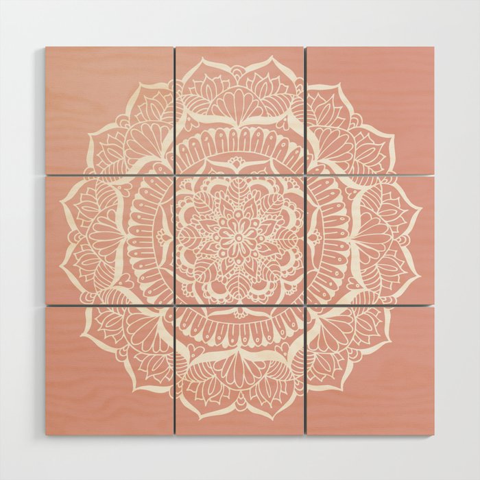 White Flower Mandala on Rose Gold Wood Wall Art