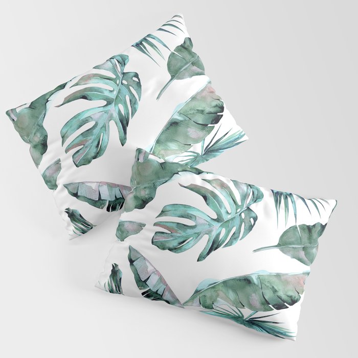 Tropical Palm Leaves Blue Green on White Pillow Sham