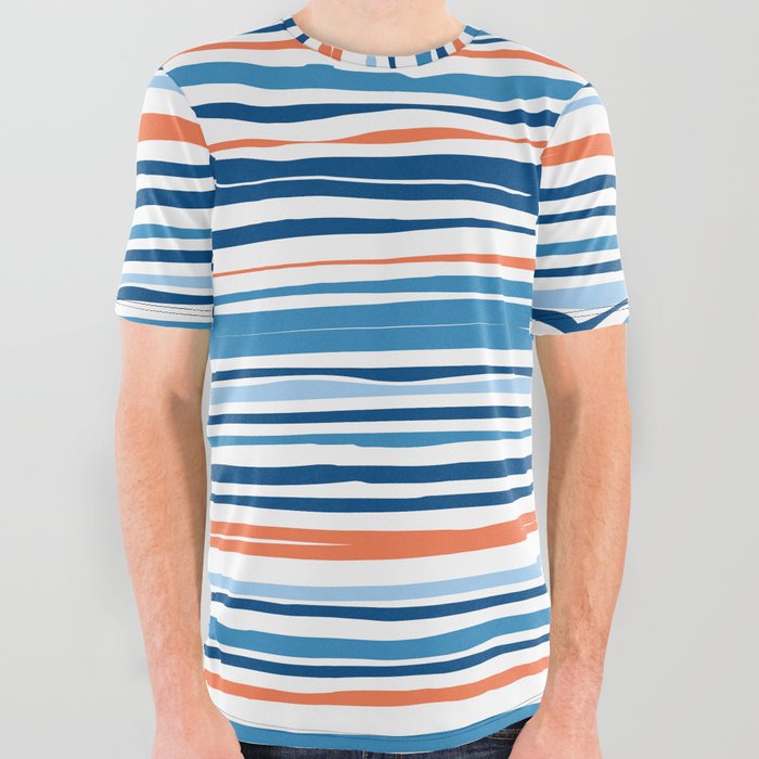 Modern Abstract Ocean Wave Stripes in Classic Blues and Orange All Over Graphic Tee