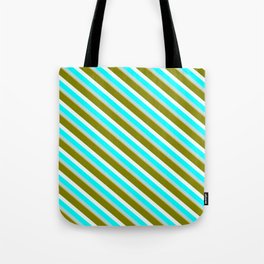 [ Thumbnail: Eye-catching Green, Mint Cream, Aqua, Powder Blue, and Goldenrod Colored Striped/Lined Pattern Tote Bag ]
