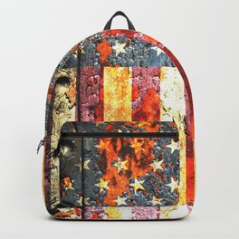 American Flag On Rusted Riveted Metal Door Backpack | Graphicdesign, Americanflaggifts, Redwhiteblue, Curated, Patriotic, Patrioticdecor, Rust, Murica, Americanflag 