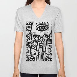 Creatures Graffiti Black and White on French Train Ticket V Neck T Shirt