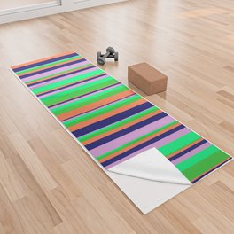 [ Thumbnail: Vibrant Lime Green, Coral, Midnight Blue, Plum, and Green Colored Lines/Stripes Pattern Yoga Towel ]