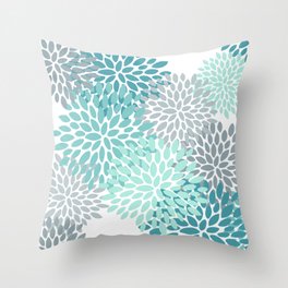 Floral Pattern, Aqua, Teal, Turquoise and Gray Throw Pillow