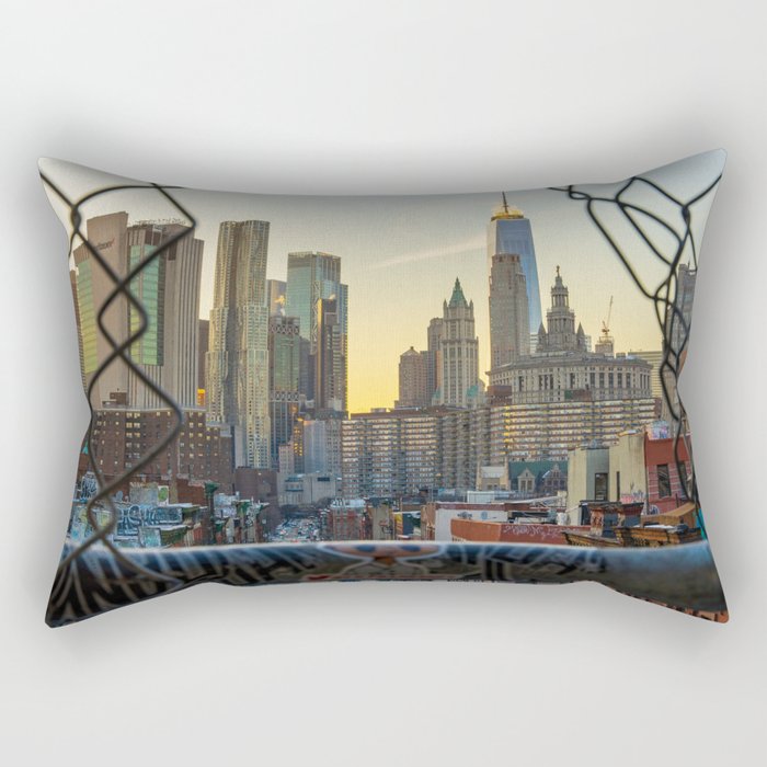 New York City Through the Fence | Skyline Sunset Rectangular Pillow