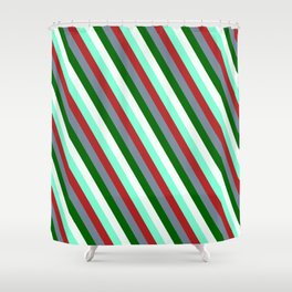 [ Thumbnail: Mint Cream, Aquamarine, Red, Light Slate Gray, and Dark Green Colored Striped/Lined Pattern Shower Curtain ]