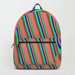 [ Thumbnail: Blue, Green, Sienna & Light Coral Colored Striped/Lined Pattern Backpack ]