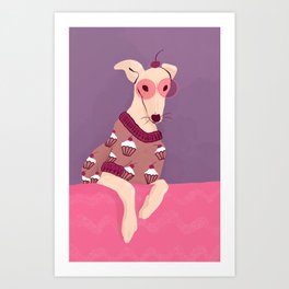 Cherry on Top - Greyhound Wearing a Cupcake Patterned Sweater Art Print | Iggydog, Curated, Dog, Cupcakessweater, Englishwhippet, Lilac, Sweet, Greyhoundlove, Pinksunglasses, Iggy 