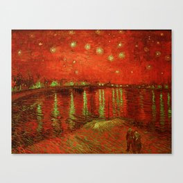 Starry Night Over the Rhone landscape painting by Vincent van Gogh in alternate tangerine orange with yellow gold stars Canvas Print