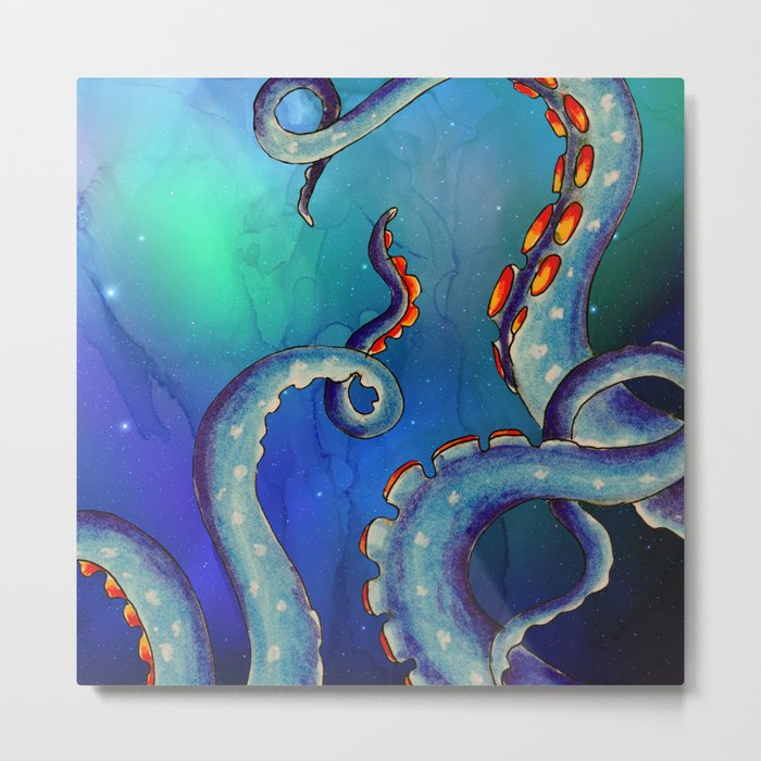 Octopus Tentacles Kraken Galaxy Teal Blue Stars Ink Art Metal Print