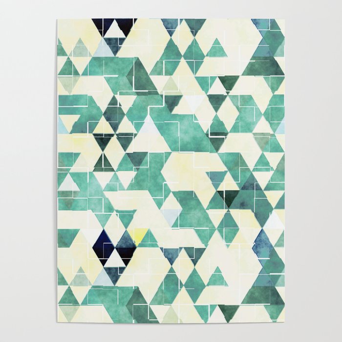 Abstract Green Triangles, Watercolor Pattern Poster