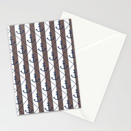 Navy Blue Anchor Pattern on White and Brown Stationery Card