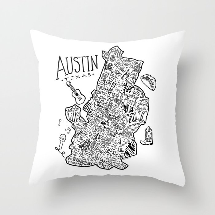 Austin Texas Illustrated Map Throw Pillow