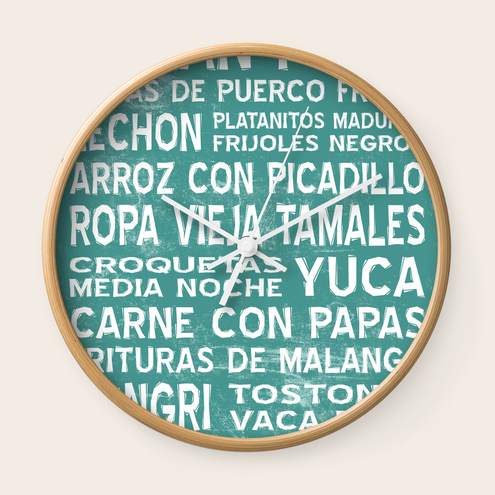 Cuban Food Word Art Poster Teal Wall Clock By Miguezart Society6