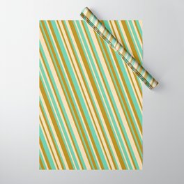 [ Thumbnail: Tan, Aquamarine & Dark Goldenrod Colored Striped/Lined Pattern Wrapping Paper ]
