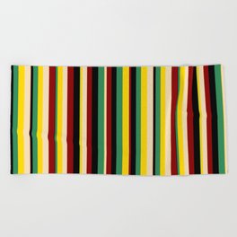 [ Thumbnail: Sea Green, Yellow, Tan, Dark Red, and Black Colored Lines Pattern Beach Towel ]