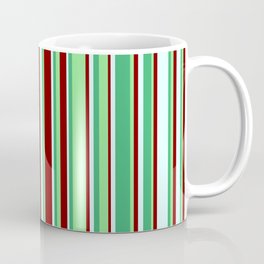 [ Thumbnail: Sea Green, Light Green, Maroon, and Light Cyan Colored Striped Pattern Coffee Mug ]