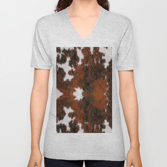 Rustic Cowhide Fur Brushstrokes Southwestern Rug V Neck T Shirt