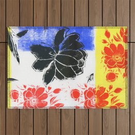 floral abstract in Mondrian colors: linoprint Outdoor Rug