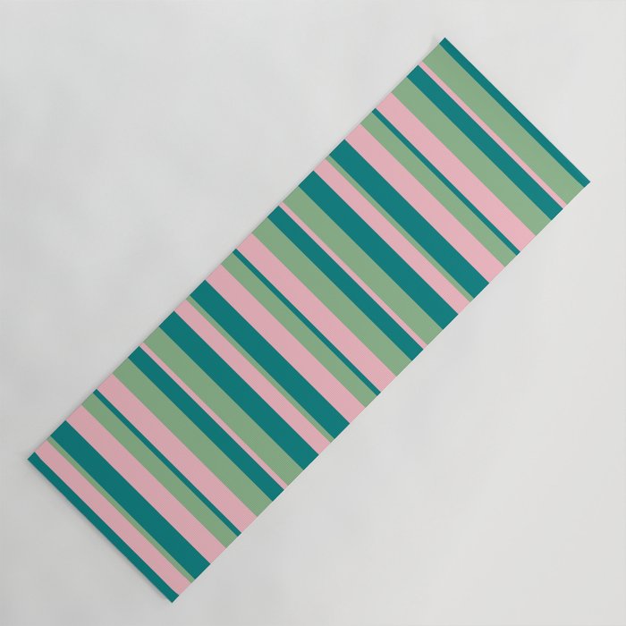 Dark Sea Green, Pink & Teal Colored Lined/Striped Pattern Yoga Mat