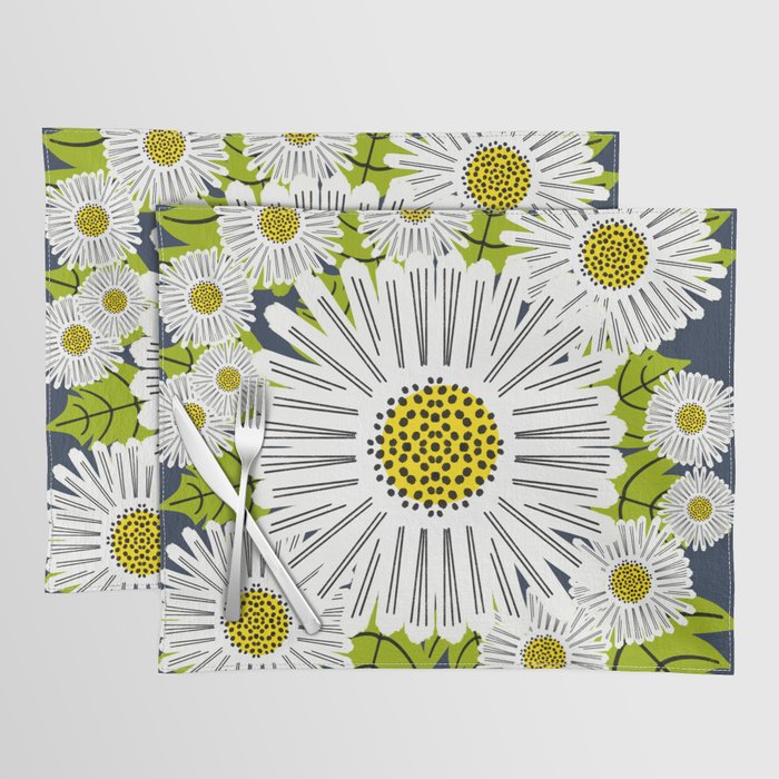Retro Modern Daisy Flowers On Navy Placemat