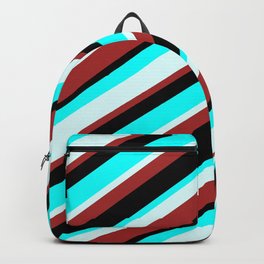 [ Thumbnail: Aqua, Light Cyan, Brown & Black Colored Lined Pattern Backpack ]