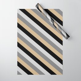 [ Thumbnail: Tan, Black, Light Grey, and Gray Colored Lined/Striped Pattern Wrapping Paper ]