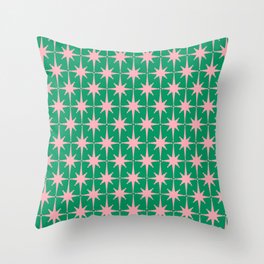 Midcentury Modern Atomic Age Starburst Pattern in Pink and Christmas Green Throw Pillow