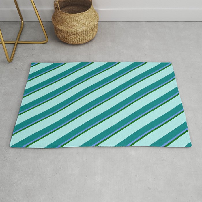 Turquoise, Teal, Cornflower Blue & Dark Green Colored Lined Pattern Rug