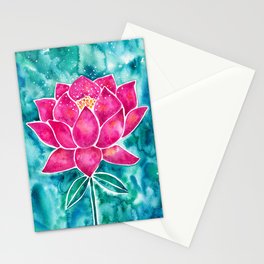 Sacred Lotus – Magenta Blossom with Turquoise Wash Stationery Card
