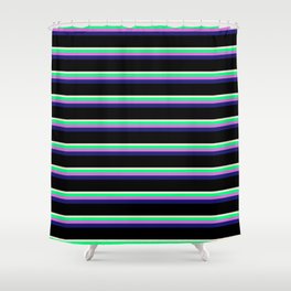 [ Thumbnail: Beige, Green, Orchid, Midnight Blue, and Black Colored Lined Pattern Shower Curtain ]