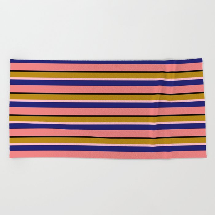 Eye-catching Dark Goldenrod, Pink, Midnight Blue, Light Coral & Black Colored Stripes/Lines Pattern Beach Towel