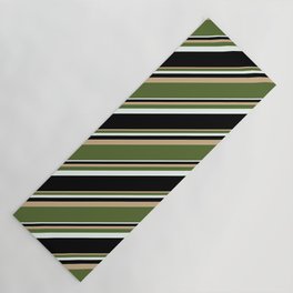 [ Thumbnail: Tan, Dark Olive Green, Mint Cream & Black Colored Stripes Pattern Yoga Mat ]