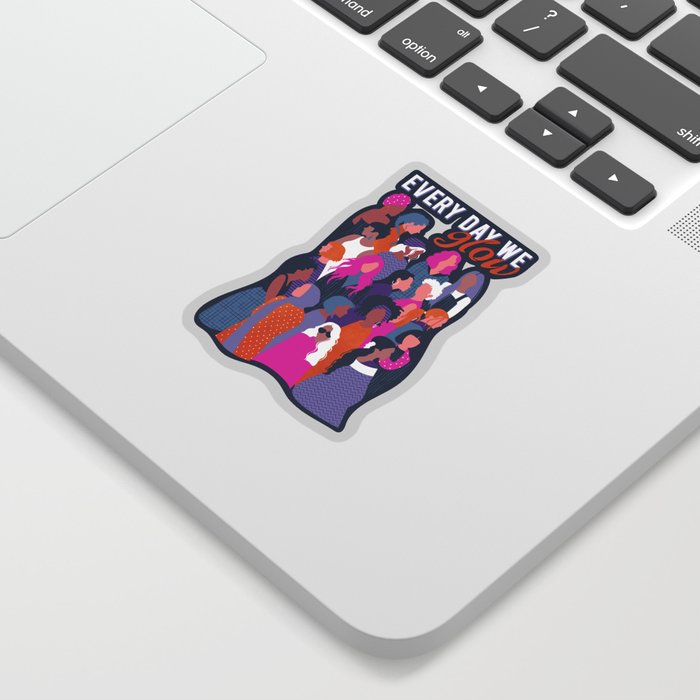 Every day we glow International Women's Day // midnight navy blue background violet purple curious blue shocking pink and orange copper humans  Sticker