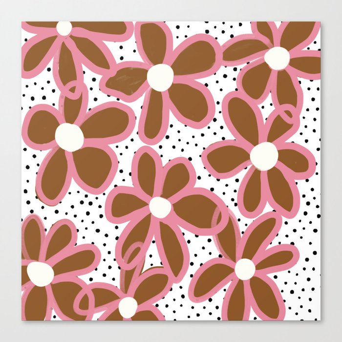 70s Groovy Flowers in Tan Brown and Pink Canvas Print