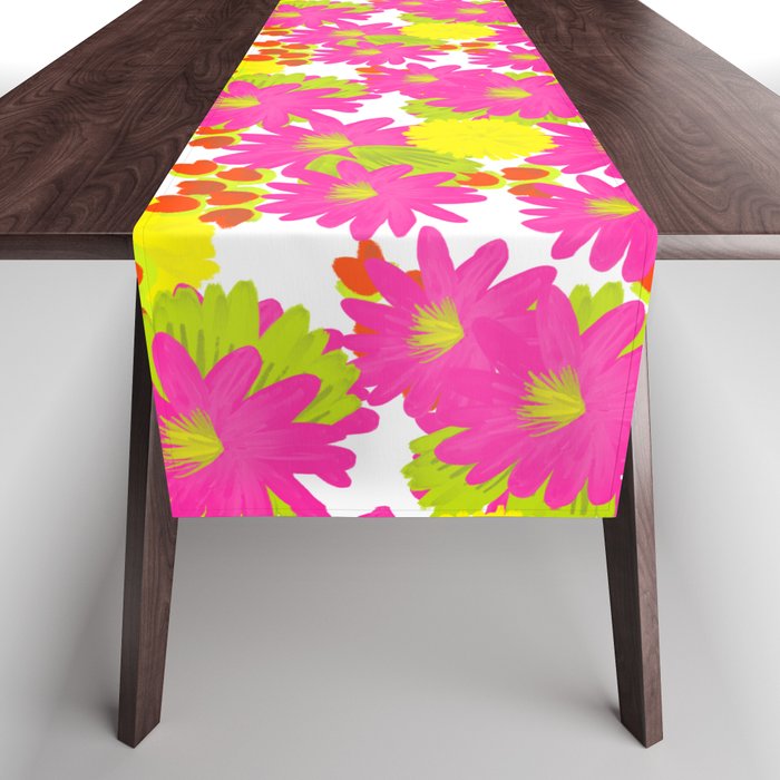 Retro Modern Tropical Flowers in Hot Pink And Yellow Table Runner