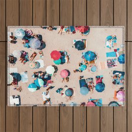 Aerial Blue Umbrellas, Seaside Beach, Aerial Beach Photography, Ocean Sea Beach Outdoor Rug