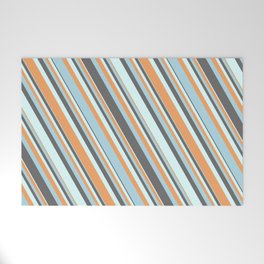 [ Thumbnail: Dim Gray, Light Cyan, Brown & Light Blue Colored Striped Pattern Welcome Mat ]
