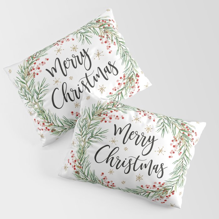Merry Christmas wreath with red berries Pillow Sham