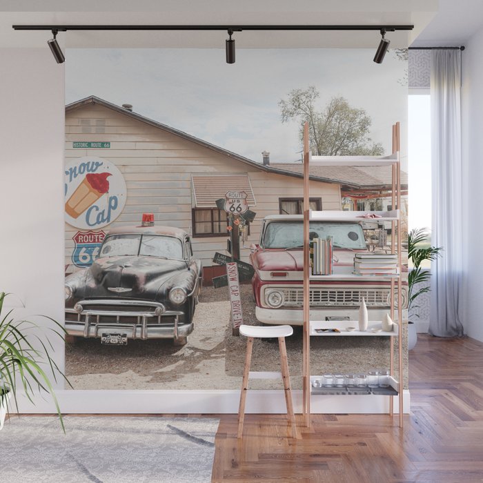 Vintage American Cars On Historic Route 66 In Arizona Photo Art Print | USA Color Travel Photography Wall Mural