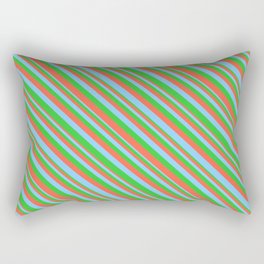 [ Thumbnail: Lime Green, Red, and Light Sky Blue Colored Striped Pattern Rectangular Pillow ]