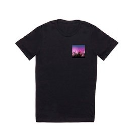 City silhouettes of different colors on red T Shirt