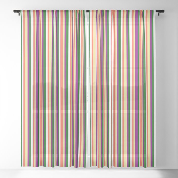 Eyecatching Red, Tan, Purple, Dark Green, and White Colored Stripes Pattern Sheer Curtain